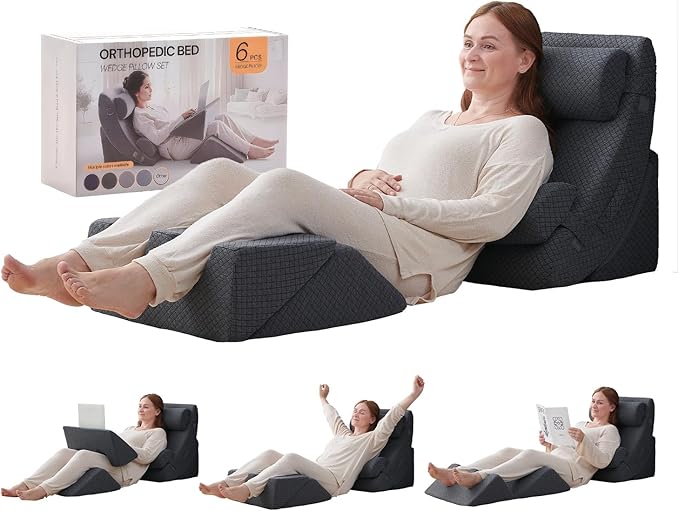 Axelrod 6PCS Orthopedic Bed Wedge Pillow Set, Post Surgery Foam for Back, Neck and Leg Pain Relief Comfortable & Adjustable Pillows- Anti Snoring, Heartburn, Acid Reflux & GERD Sleeping Melange Gray