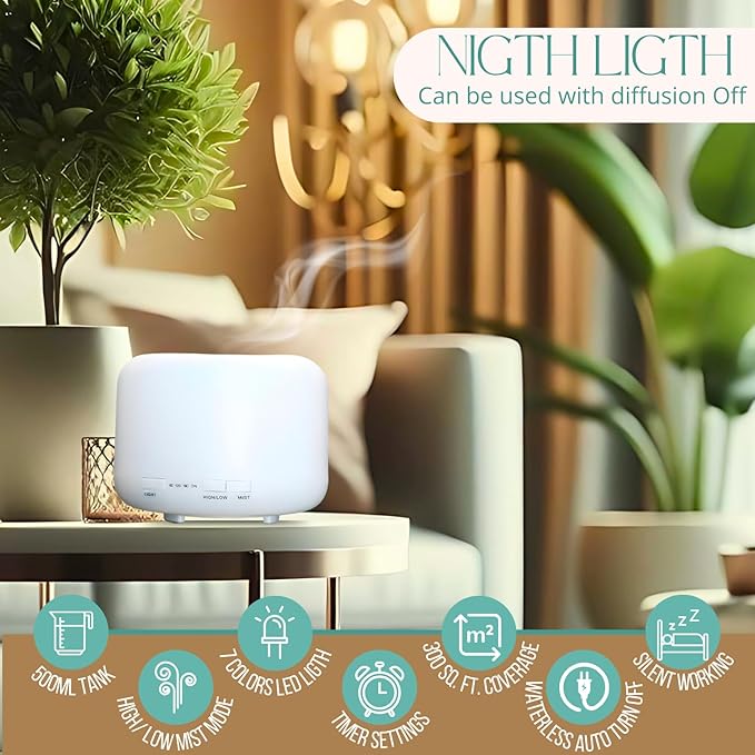 Mystic Romance Essential Oil Diffuser, 500ml Aromatherapy Humidifer and Nigth Ligth for Relaxing Atmosphere in Home Office Yoga and Spa, for Everyone, Auto-Off Safety Switch. Clear