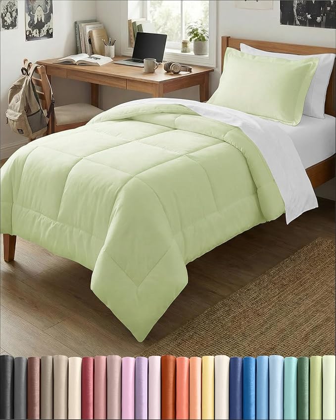 Twin XL Comforter Set - 2 Piece Bed Set for All Seasons - 1 Soft Quilted Comforter with Corner Tabs & 1 Pillow Sham - Comfy & Breathable - Premium Down Duvet Insert - Twin XL Size, Light Sage Green