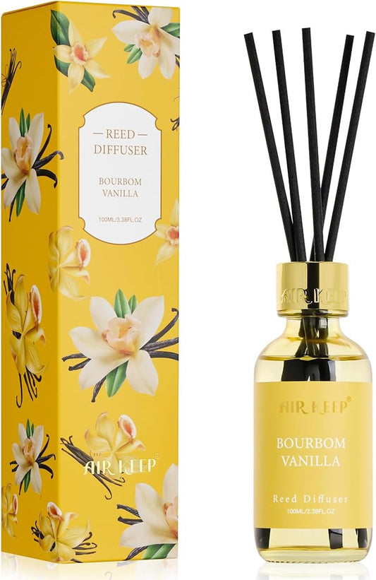 Airkeep Reed Diffuser Set, 3.38 fl oz (100 ml) - Bourbom Vanilla Oil Diffusers with 8 Reed Sticks, Home Fragrance Reed Diffuser for Bathroom Shelf Decor