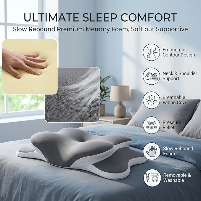 Esup Ergonomic Cervical Neck Pillow for Pain Relief, Memory Foam Orthopedic Bed Pillow, Adjustable Height Contour Pillow for Sleeping, Ideal for Side, Back, and Stomach Sleepers (Gray)