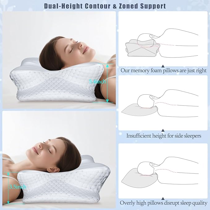 Cervical Neck Pillows for Sleeping & Pain Relief-Ergonomic Contour Memory Foam Pillow for Side/Back/Stomach Sleepers, 2 Heights with ICY Cooling White Silk Pillowcase - Gifts for Men & Women