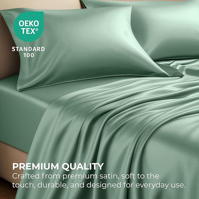 Satin Sheets California King [4-Piece, Champagne Green] Hotel Luxury Silky Bed Sheets - Extra Soft Microfiber Sheet Set, Wrinkle Resistant - Deep Pocket Fitted Sheet, Flat Sheet, Pillow Cases