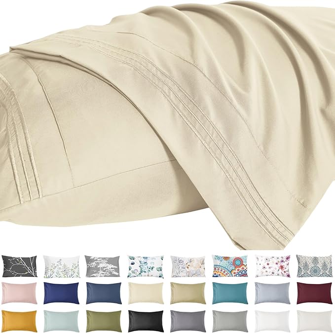 YIYEA Pillow Cases Queen Size Set of 2, Ultra Soft Double Brushed Microfiber Pillowcases, Hotel Quality Embroidered Bed Pillow Covers Queen, Fade Resistant, Easy Slip-On (20"x30", Cream)