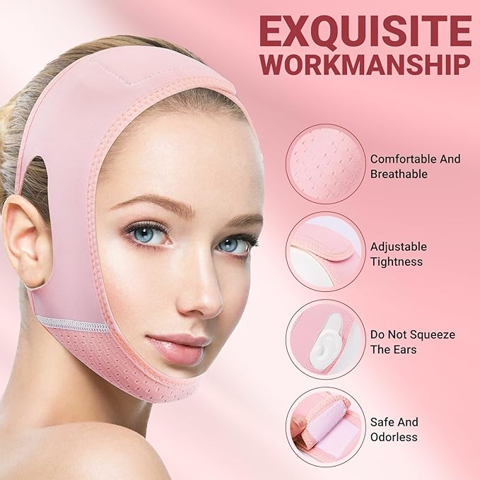 Juskaa Reusable V Line Lifting Mask with Chin Strap for Sleeping,Face Lift Prevent Sagging, Jaw Exerciser,Light pink,M,2PCS
