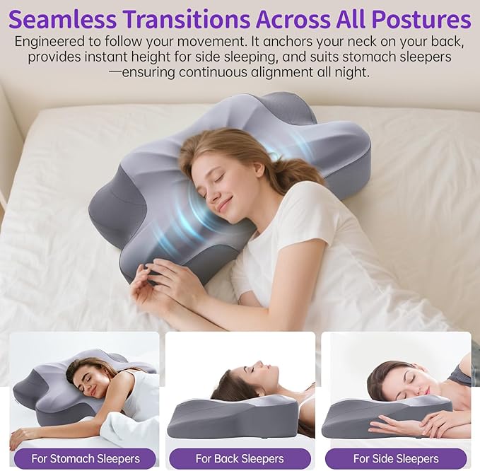 Cervical Pillow for Side Sleepers, 4" / 5" High Loft for Broad Shoulders, Neck Support Memory Foam Pillow for Pain Relief, Cooling Ice Silk Cover