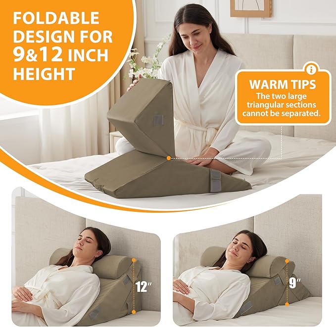 Ruqmuis 3PCS Wedge Pillow Set for After Surgery, Adjustable 9&12 Inch Bed Wedge Pillow for Sleeping, Incline Pillow Wedge for Headboard, Post Surgery, Acid Reflux, Neck&Back Support, Plush Brown