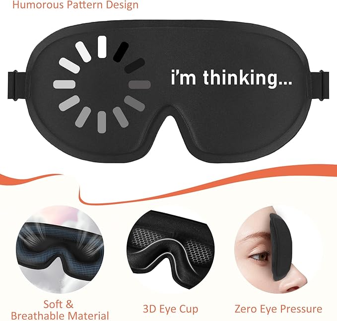 Funny 3D Zero Pressure Sleep Eye Mask for Men Women Side Sleeper, Adjustable Blackout Soft Breathable Eye Masks for Travel Nap Night Sleep, Humorous Gift Stocking Stuffers (I’m Thinking)