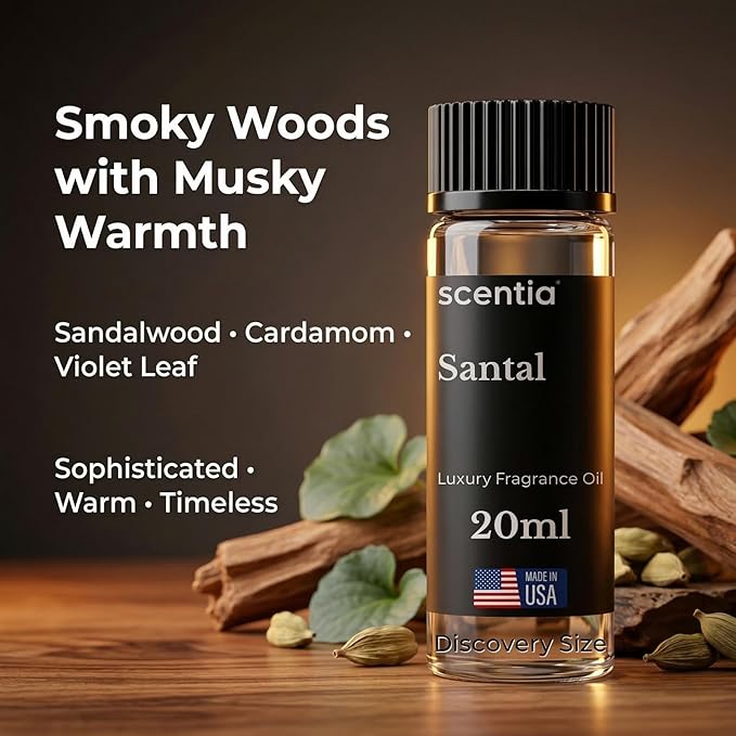 Scentia Santal Sandalwood Fragrance Oil for Diffusers – Luxury Woody Home Scent with Cardamom, Violet Leaf, Amber & Musk – Diffuser Oil for Ultrasonic, Cold Air & Waterless Diffusers – 20 ml