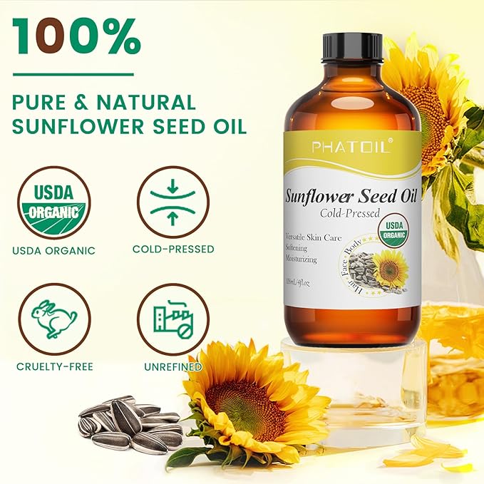 PHATOIL Organic Sunflower Seed Oil for Skin 118 ml (4 fl.oz), USDA Certified Organic, Cold Pressed Sunflower Oil in Glass Bottle for Hair, Body Moisturizer, Carrier Oil for DIY, Massage