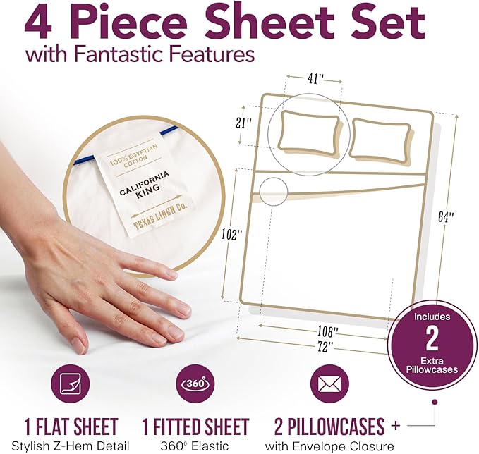 TEXAS LINEN CO. 100% Egyptian Cotton Sheets California King Size Bed Set - Luxury 1200 Series Star Sleepin' Collection Cal King Sheet Set (4 PC, Burgundy), Cooling, Sateen, 17" Deep Pocket Bedsheet