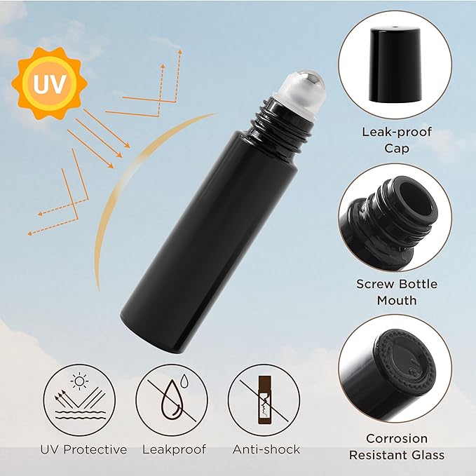 Essential Oil Roller Bottles, 10ml Thick Glass Perfume Roller Bottles with Funnel Opener and Dropper Colored Glass Empty Bottles with Stainless Steel Roller Balls (Black, 12 Pack)