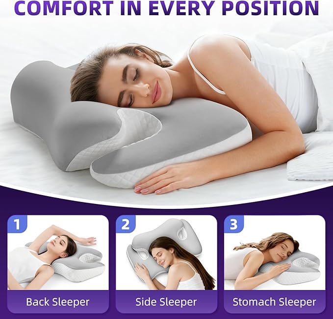 Ergo Cervical Pillow for Neck and Shoulder Pain Relief,Cooling Orthopedic Contour Memory Foam Pillows,Side Sleeper Pillows for Neck Support,King Size Bed Pillows for Back Stomach Sleepers(Ash Grey)