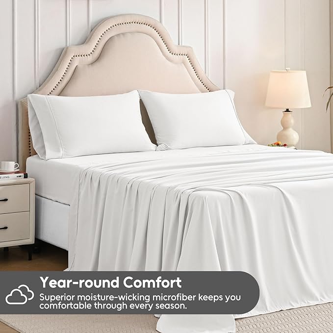 Full Size Bed Sheets Set, 4 Pieces Hotel Luxury Soft Microfiber Bed Sheets Set, Up to 16" Deep Pockets, Oeko-Tex Sheets with Elastic, Breathable, Wrinkle Free(White,Full)