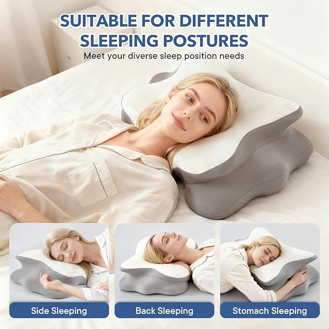 Cervical Pillow for Neck Pain Relief, Ergonomic Memory Foam Pillows for Neck Pain Relief with Ice Silk Pillowcase，Adjustable Contour Neck Support Pillow for Side Back Stomach Sleepers (White)