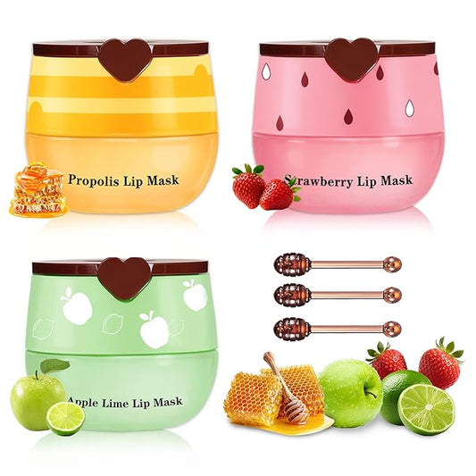 3 PCS Bee Lip Balm Honey Pot Bee Balm Lip Balm Strawberry Apple Honey Balm Hydrating Sleeping Lip Mask Overnight Honeybalm with Sticks