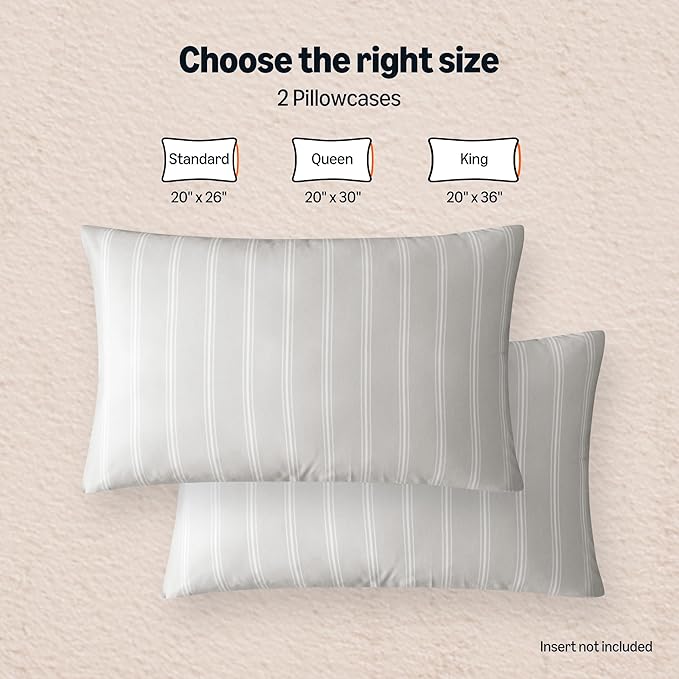 Amazon Basics Stripe Cooling Pillow Cases for Hot Sleepers, Soft Cooling Pillow Covers with Envelope Closure, 20" x 26", Standard, Gray, Pack of 2