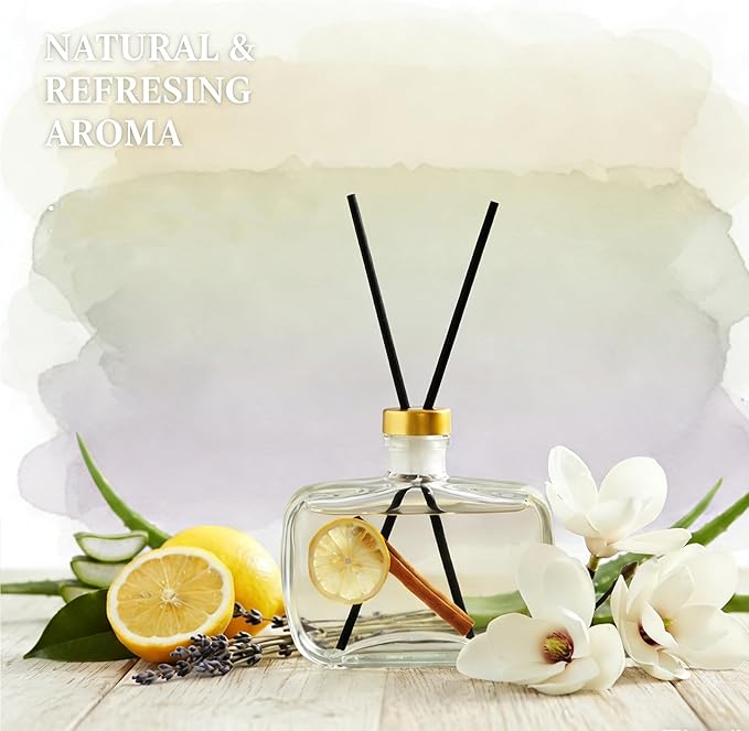 Reed Diffuser, Lavender Scented No Flame Air Freshener for Home, 100ml Long-Lasting Essential Oil Diffuser with Rattan Scent Sticks Lemon, Safe for Bedroom, Office, Bathroom