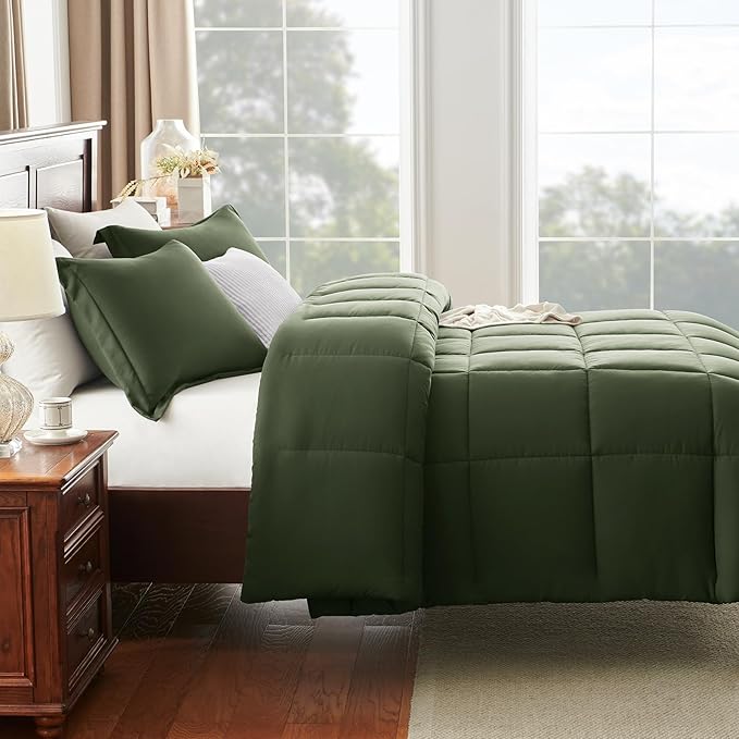 CozyLux King Comforter Set - Olive Green Comforter King Size, 3 Pieces Box Stitched Bed Set for All Seasons, Soft Lightweight Bedding Sets with 1 Down Alternative Comforter and 2 Pillow Shams