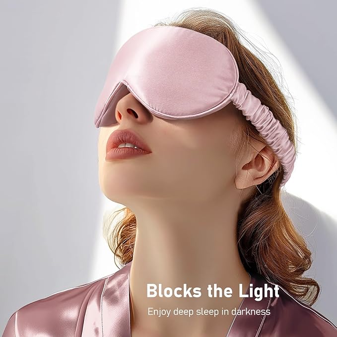 LitBear 100% 22 Momme Mulberry Silk Sleep Mask - 3D Contoured Eye Mask for Men Women, Soft Breathable Sleeping Mask with Adjustable Strap, Perfect Blocks Light for Sleeping (Pale Pink)