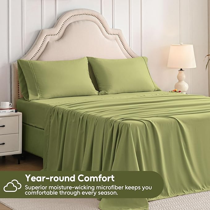 King Size Sheets Set, 4 Pieces Hotel Luxury Soft Microfiber Bed Sheets Set, Up to 16" Deep Pockets, Oeko-Tex Sheets with Elastic, Breathable, Wrinkle Free (Green, King)