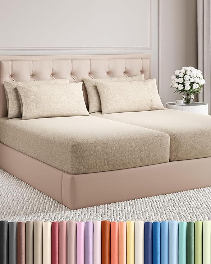 Split King 7 Piece Sheet Set - Comfy, Breathable & Cooling - Hotel Luxury Bedding for Women, Men, Kids, Teens and Children - 1 Flat & 2 Fitted Sheets & 4 Pillowcases w/ Deep Pockets - Heathered Beige