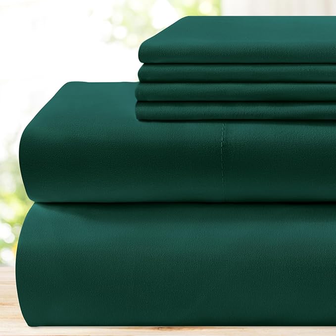 BYSURE 6 Pieces Bed Sheets Set(Queen, Dark Forest Green) - Hotel Luxury Super Soft 1800 Thread Count 100% Microfiber Sheets with Deep Pockets, Wrinkle & Fade Resistant
