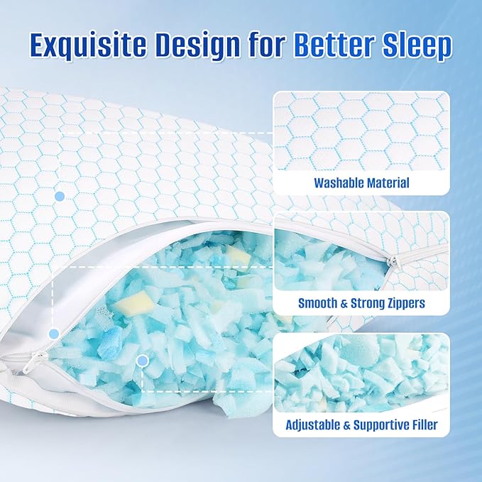 CushyOasis Shredded Memory Foam Pillow for Sleeping, Cooling Bed Pillows Set of 2, Adjustable Pillows for Side, Back, Stomach Sleepers with Washable Pillowcase (Standard Size, Blue)