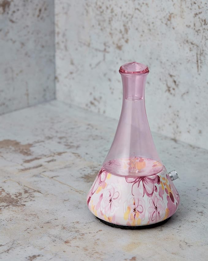 Opulence - Nebulizing Diffuser for Essential Oil/Aromatherapy with Pink Floral Ceramic Base and Pink Hand-Blown Glass with Touch Sensor Light Switch - No Heat, No Water, No Plastic