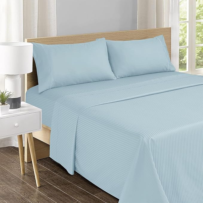 Feather & Stitch 500 TC California King Size Bed Sheet Set, 100% Cotton Soft Breathable Bedsheets, 4 Piece 18" Deep Pockets Sateen Weave Striped Bedding Mattress Resort Hotel Luxury- (Aqua Stripe)