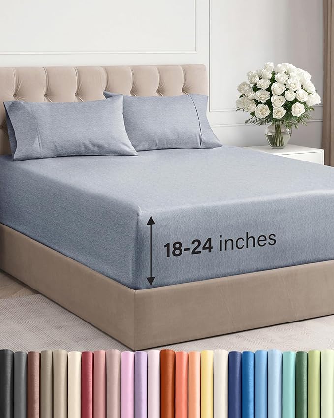 Extra Deep Full Sheet Set - 4 Piece Breathable & Cooling Bed Sheets - Easily Fits 18 to 24 inch Mattress - Ultra Soft, Wrinkle & Fade Free w/ Extra Deep Pockets - Hotel Luxury Bedding - Heathered Blue
