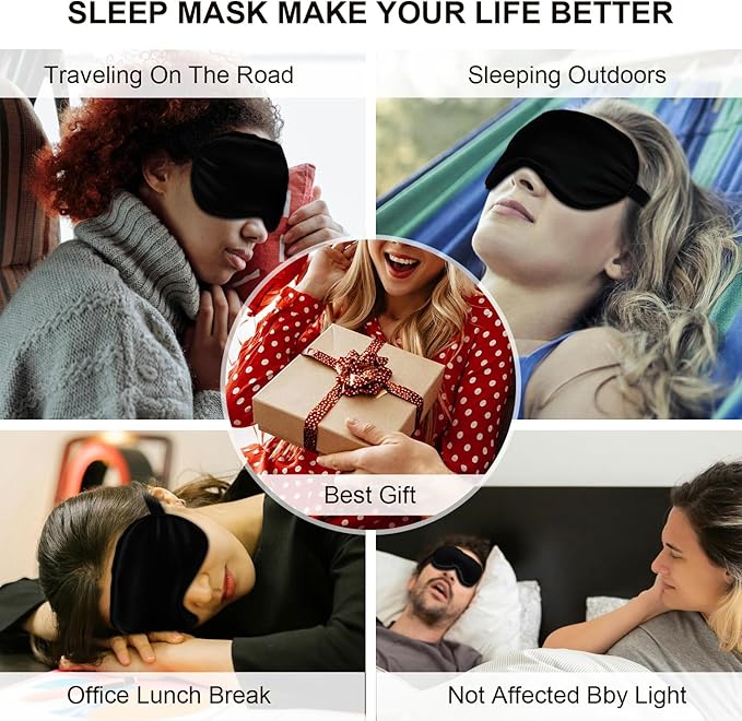 Silk Sleep Mask, Black, Adjustable Strap for Light Blocking, Travel Rest, Puffy Eyes Relief, Single Pack (Black)