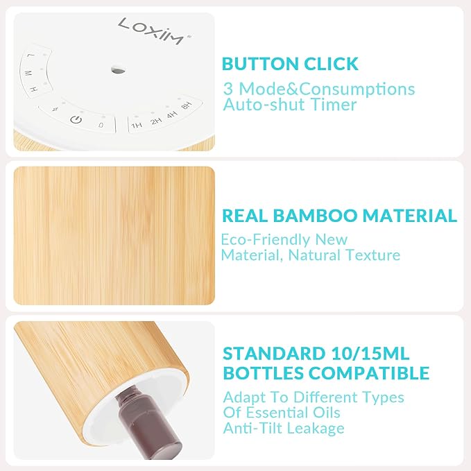 LOXIM Klein Essential Oil Diffuser, Waterless with 4 Time Setting&3 Adjustable Mist, Real Bamboo, Noiseless Aroma Diffuser for Large Room Office Home Car Spa (LX-08)