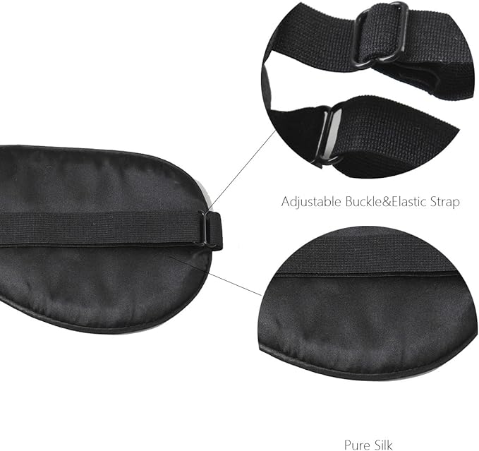 100% Mulberry Silk Sleep Mask Blackout, Cute Natural Sleeping Mask with Adjustable Elastic Strap, Satin Eye Cover for Men Women Adults (Black)