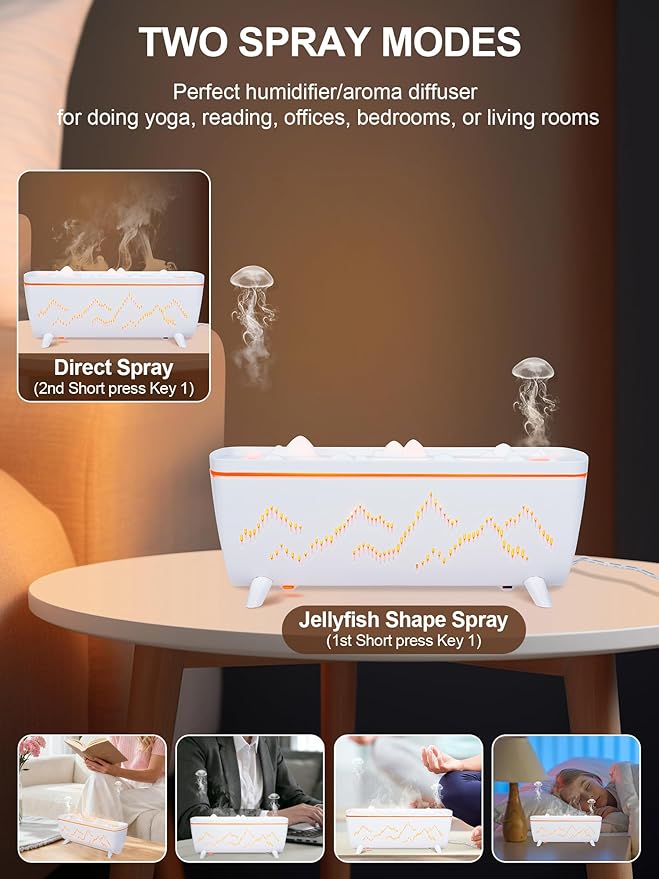 280ML Volcano Jellyfish Diffuser: Low Noise 2 Ring Holes with Timer - Aromatherapy Aroma Humidifiers for Bedroom Office Hotel - Essential Oil Flame Air Diffuser Leak-Proof