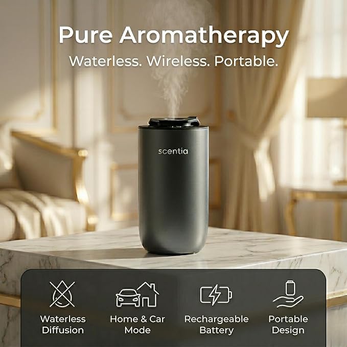 Scentia MiniPod Black Waterless Diffuser for Essential Oil, Smart Car Air Freshener with 3 Mist Levels & 3 LED Light Colors, Auto On/Off Rechargeable, Portable Scent Air Machine