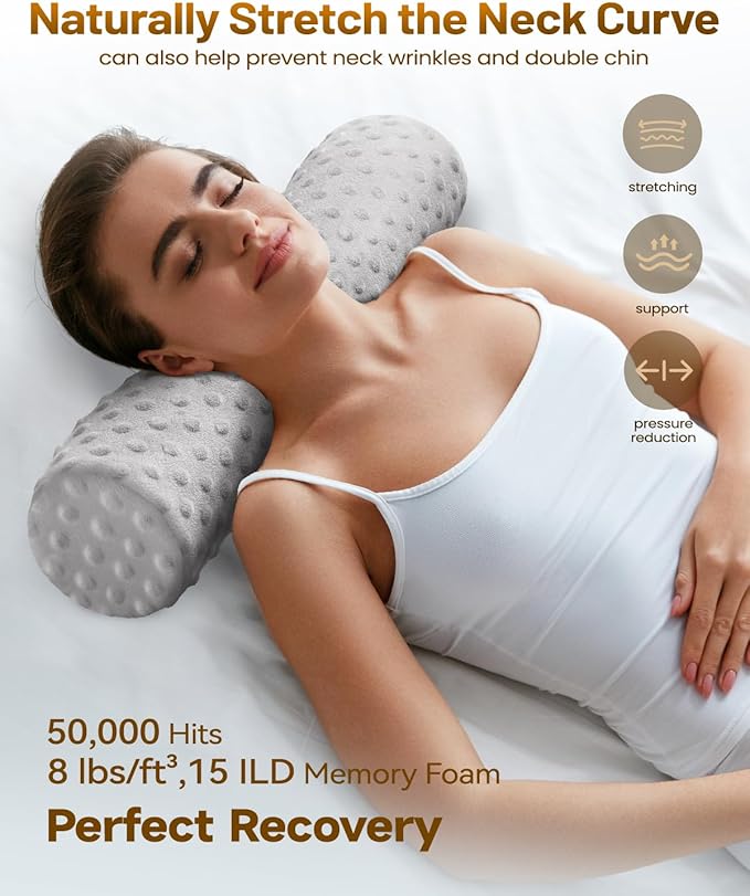 Memory Foam 4" Round Pillow, Cervical Neck Pillow for Pain Relief, Cylinder Pillows 18"x 4", Removable Cover, Neck Roll Pillow for Sleeping, Velvet Dots, Grey