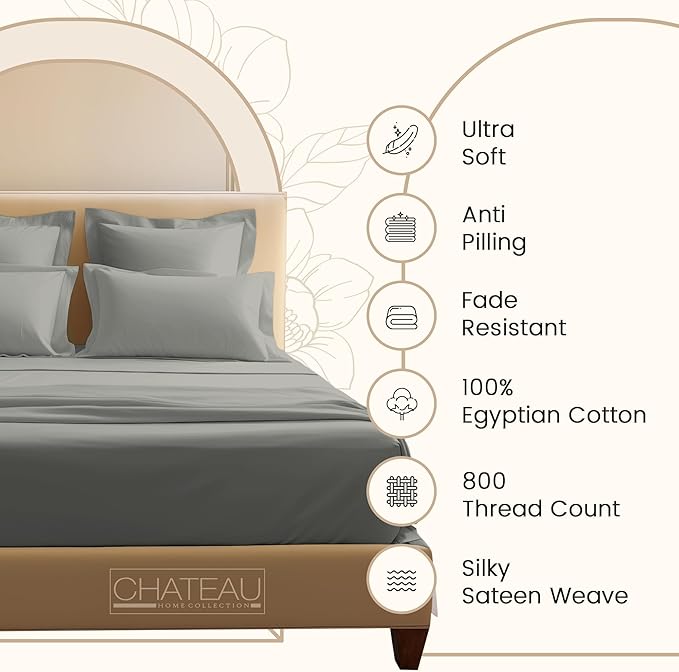 Egyptian Cotton Sheets Full Size Bed Set 15" Deep Pockets, 800TC Cotton Full Sheet Set, Soft Breathable Sateen Weave Elasticated Sheet & Pillowcase Sets, No Pill & Shrink, Machine Washable - Silver