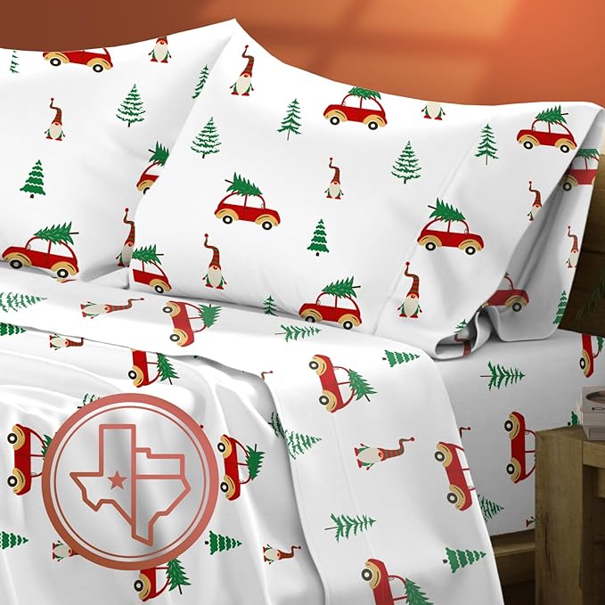 TEXAS LINEN CO. Luxury Egyptian Cotton King Printed Sheet Set, 600 Series Extra Long Staple 4 PC Set, King Winter Wonderland Sheets, Soft, Cooling Sateen Weave Sheets Upto 18 in Deep Pocket