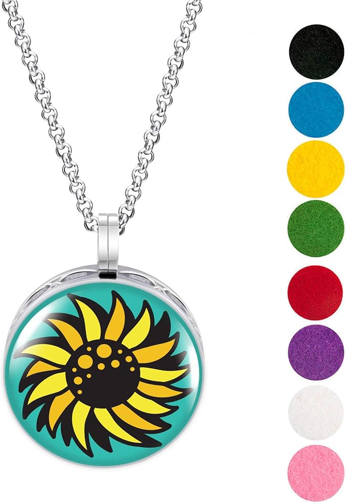 Wild Essentials Sunflower Necklace Essential Oil Diffuser Kit with Lavender, Lemongrass, Peppermint, Orange Oils, 8 Refill Pads, Calming Aromatherapy Gift Set, Customizable, Perfume