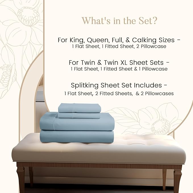 100% Egyptian Cotton Sheets Queen Size Set, 800TC 15" Deep Pocket Queen Sheets Set, Soft Breathable Sateen Weave 4PC Elasticated Sheet & Pillowcase Sets, No Pill & Shrink, Fade Resistant- French Blue