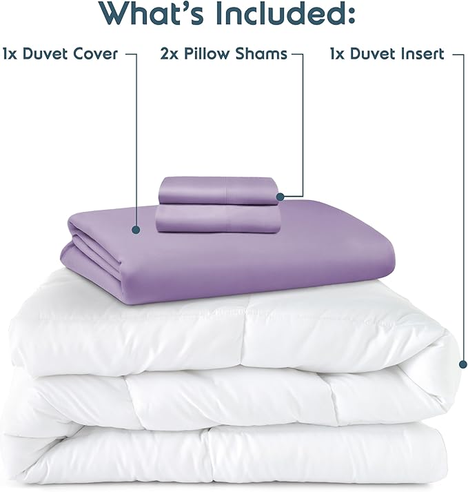 Nestl Queen Duvet Cover Set with Comforter Insert - Lavender 4 Piece 90x90 Duvet Cover & 2 Pillow Shams with White Quilted Down Alternative Comforter, Ultra Soft, All Season