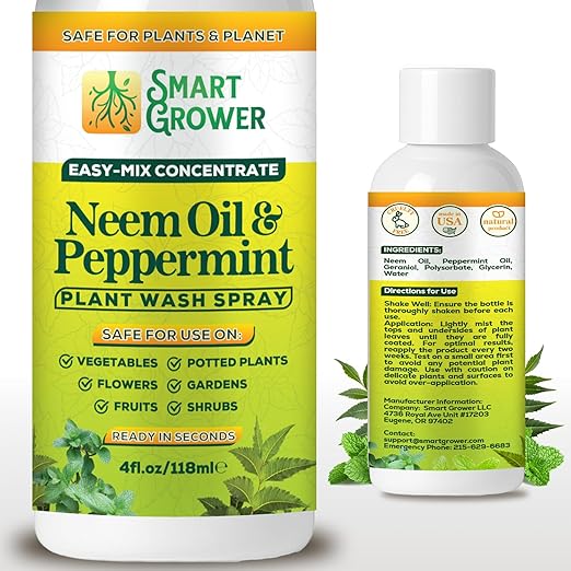 Neem Oil Spray for Plants with Peppermint Oil – for Indoor Household Plants– Best Value Refill 4 oz Concentrate Makes 1/2 Gallon RTU
