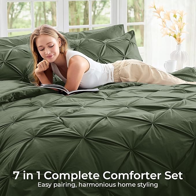 Sasttie King Size Comforter Set, 7-Piece Bed in a Bag, Pintuck Bedding Sets for All Season, Includes Comforter, Flat Sheet, Fitted Sheet, Pillowcases and Pillowshams, Dark Green