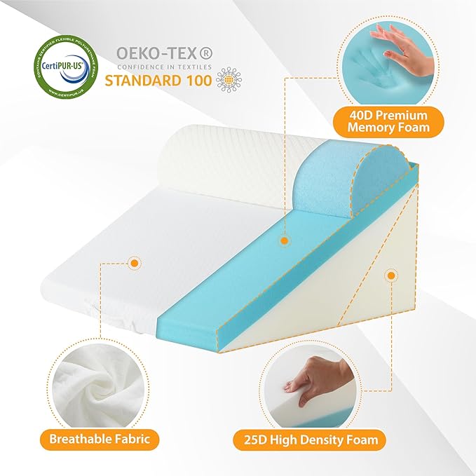 Ruqmuis 3PCS Wedge Pillow Set for After Surgery, Adjustable 9&12 Inch Bed Wedge Pillow for Sleeping, Incline Pillow Wedge for Headboard, Post Surgery, Acid Reflux, Neck&Back Support, White/Grey