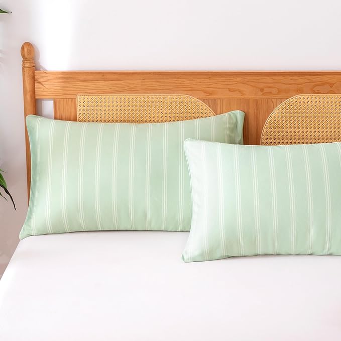 Amazon Basics Stripe Cooling Pillow Cases for Hot Sleepers, Soft Cooling Pillow Covers with Envelope Closure, 20" x 36", King, Aloe Green, Pack of 2