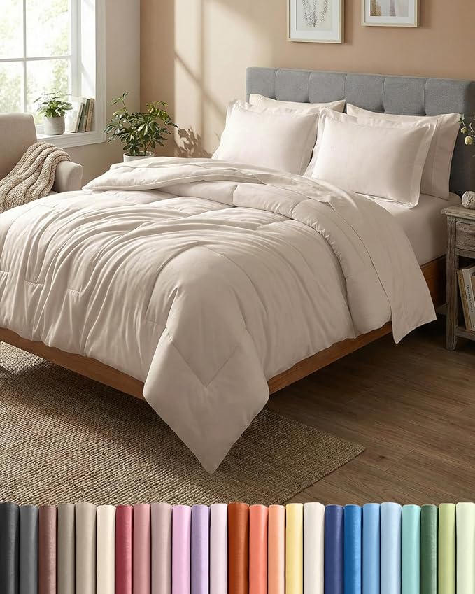 Full Comforter Set - 7 Piece Bed in a Bag Full Size Bed Set - Down Alternative Comforter, Flat Sheet, Fitted Sheet, Pillowcase & Shams for All Seasons - Ultra Soft, Cozy, Comfy and Breathable - Wheat