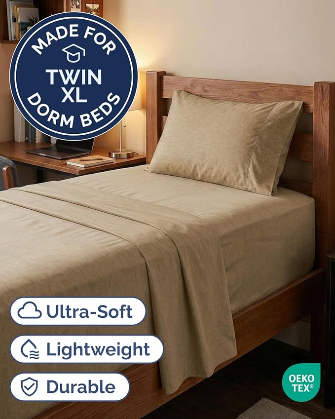 Extra Deep Twin XL Sheet Set - 3 Piece Breathable & Cooling Bed Sheets - Easily Fits 18 to 24 inch Mattress - Soft, Wrinkle & Fade Free with Extra Deep Pockets - Hotel Luxury Bedding - Heathered Tan