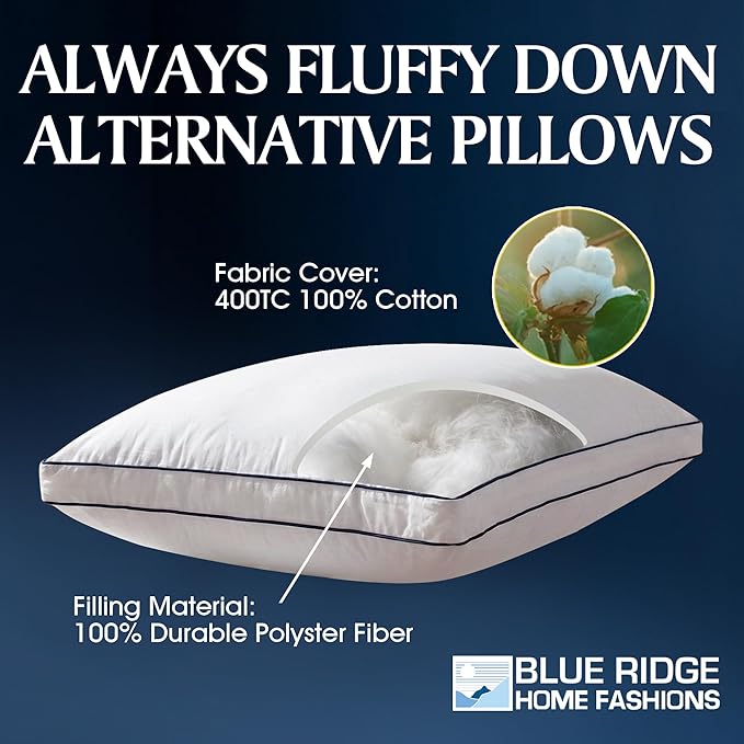 Blue Ridge Home Fashions Hotel Bed Pillows King Size Set of 2, 400 Thread Count 100% Cotton Cover, Medium Support Gusseted Down Alternative Pillow for Back, Stomach or Side Sleepers, 18" x 34", White