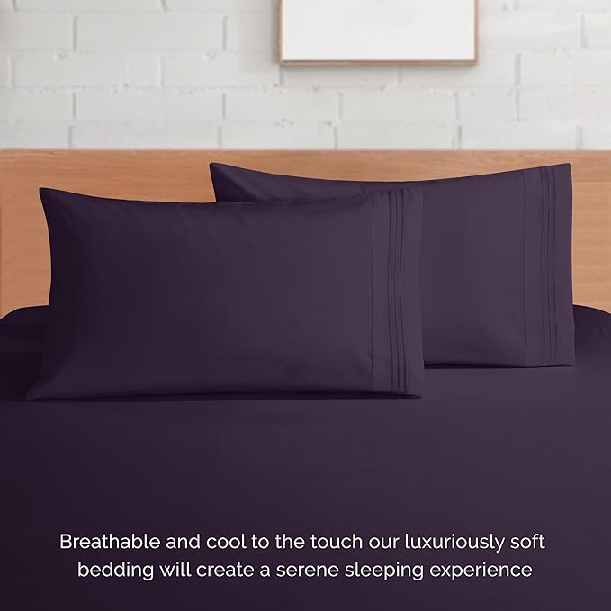 Elegant Comfort Luxury 1500 Premium Hotel Quality Microfiber 4-Piece Sheet Set - Soft, All Around Elastic 18-24 Inches Deep Fitted Sheet - Extra Deep Pocket Sheets, King, Eggplant-Purple
